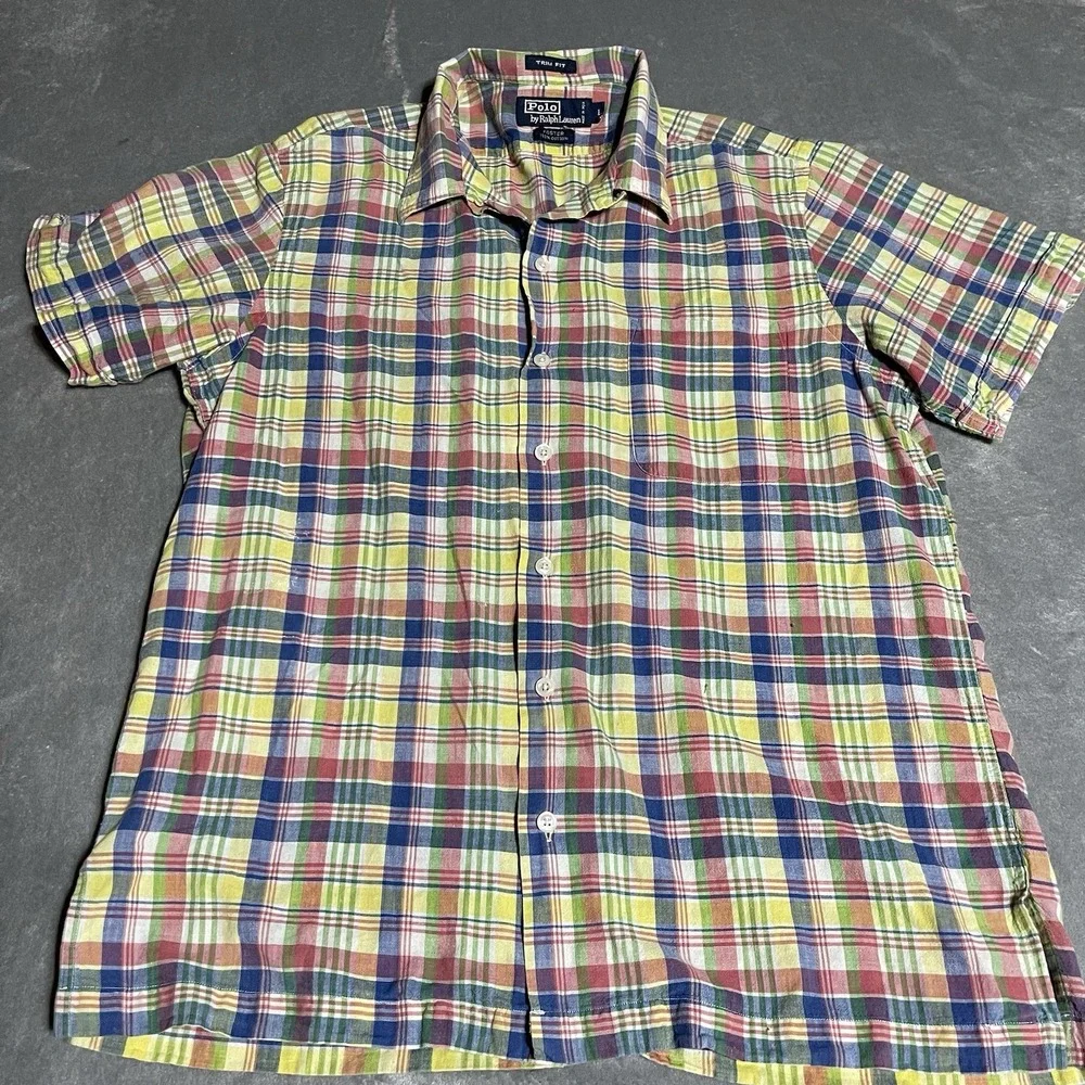 Polo Ralph Lauren Shirt Mens Large Foster Trim Fit Cotton Plaid Loop Collar‎